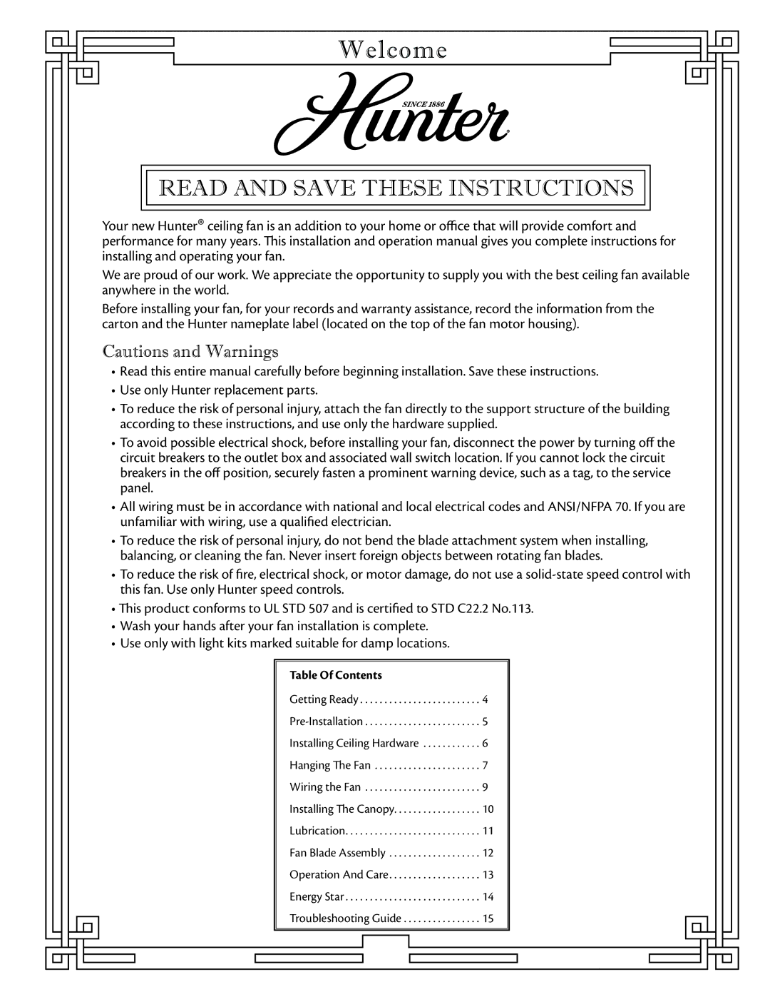 Hunter Fan 23838 warranty Welcome, Read and Save These Instructions 