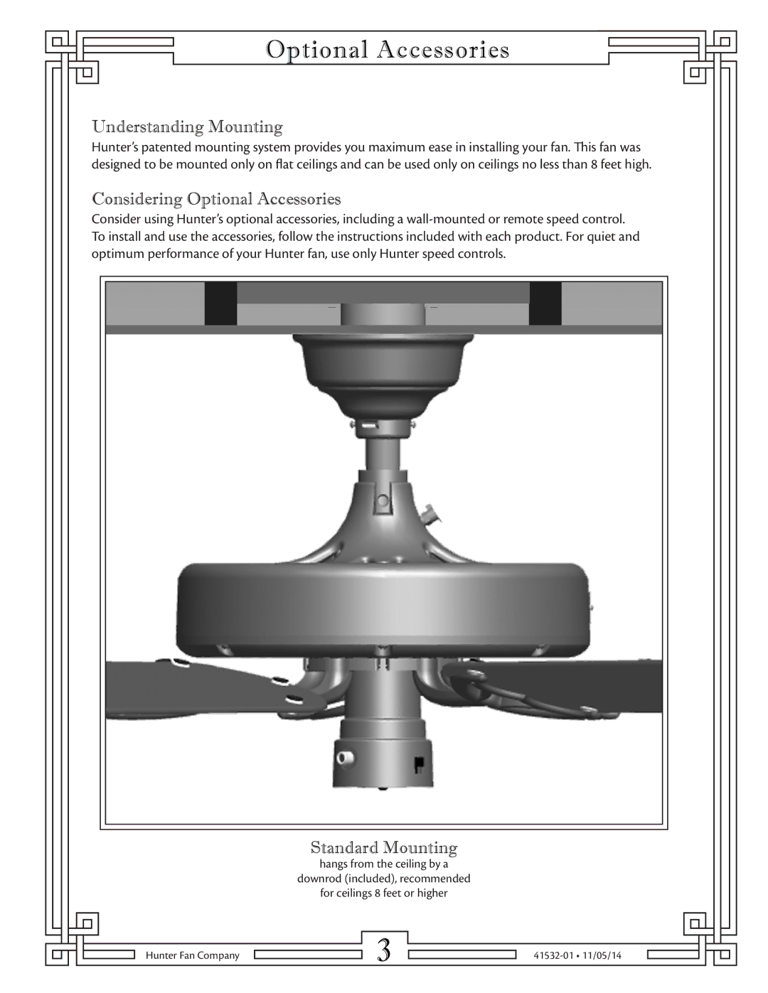 Hunter Fan 23838 warranty Understanding Mounting, Considering Optional Accessories, Standard Mounting 