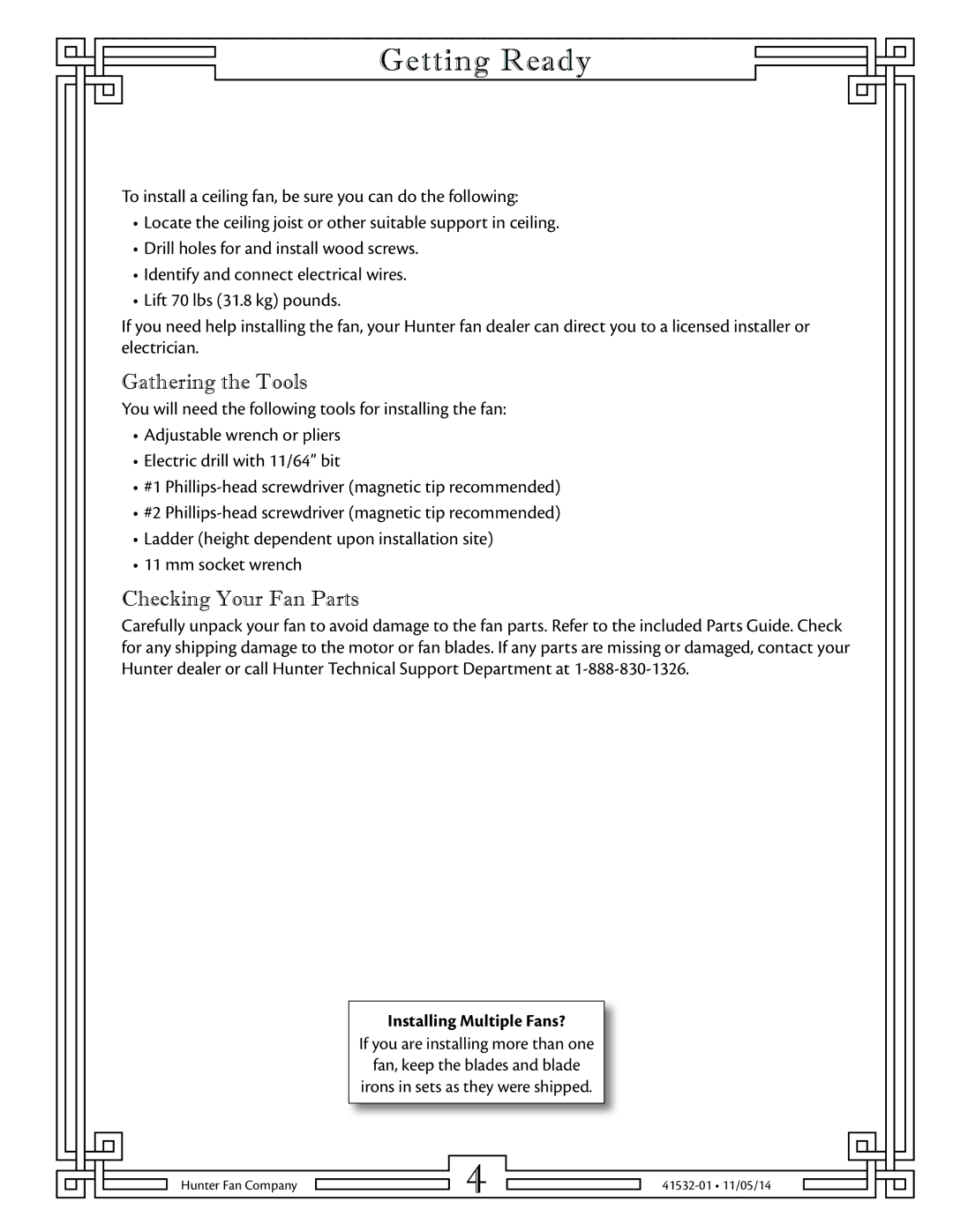 Hunter Fan 23838 warranty Getting Ready, Gathering the Tools, Checking Your Fan Parts 