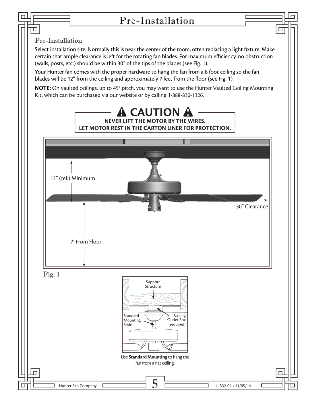 Hunter Fan 23838 warranty Pre-Installation 