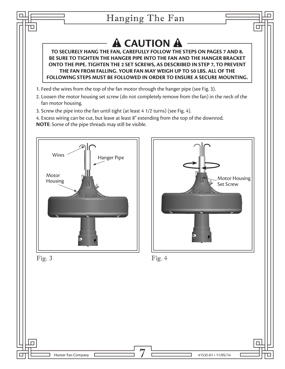 Hunter Fan 23838 warranty Hanging The Fan 