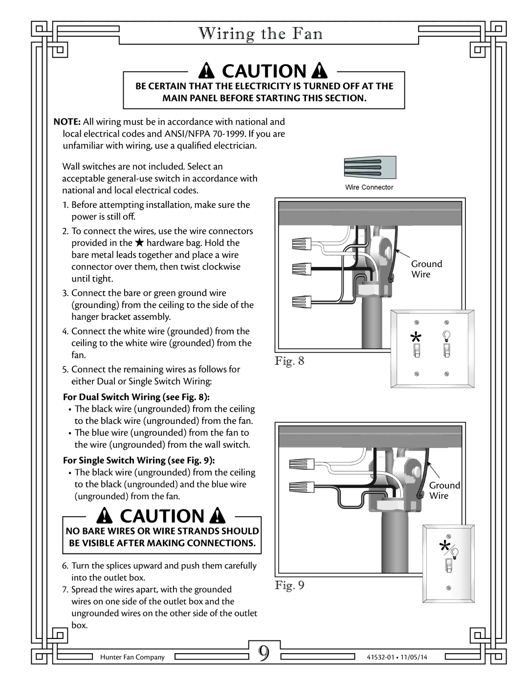 Hunter Fan 23838 warranty Wiring the Fan, For Dual Switch Wiring see Fig 