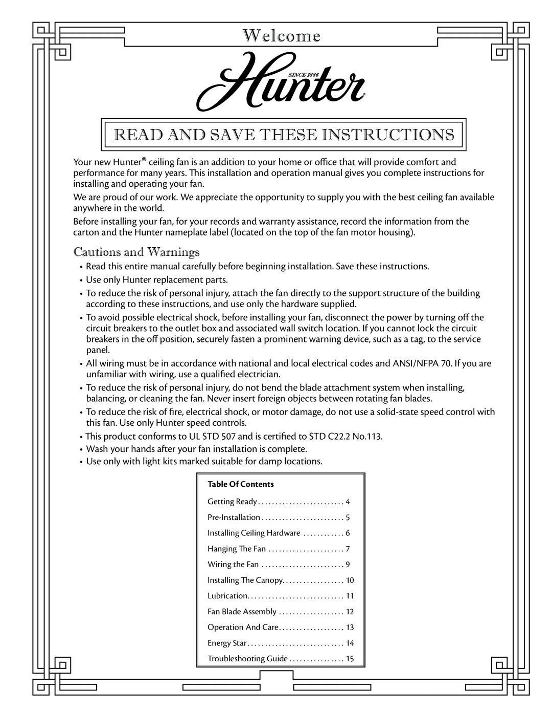Hunter Fan 23838 warranty Welcome, Cautions and Warnings, Read And Save These Instructions 