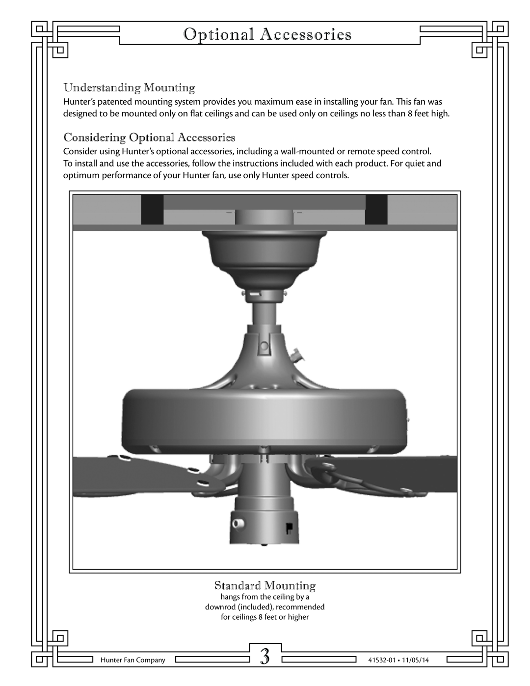 Hunter Fan 23838 warranty Understanding Mounting, Considering Optional Accessories, Standard Mounting 