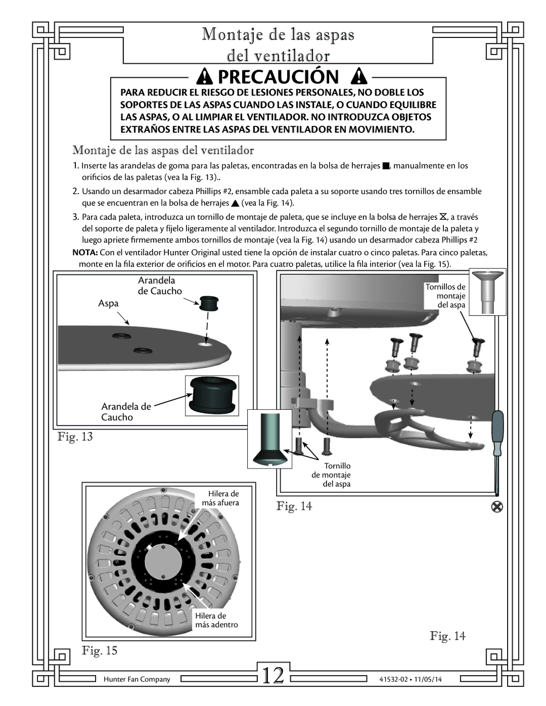 Hunter Fan 23855, 23852, 23856, 23847, 23863, 23845 Montaje de las aspas Del ventilador, Montaje de las aspas del ventilador 