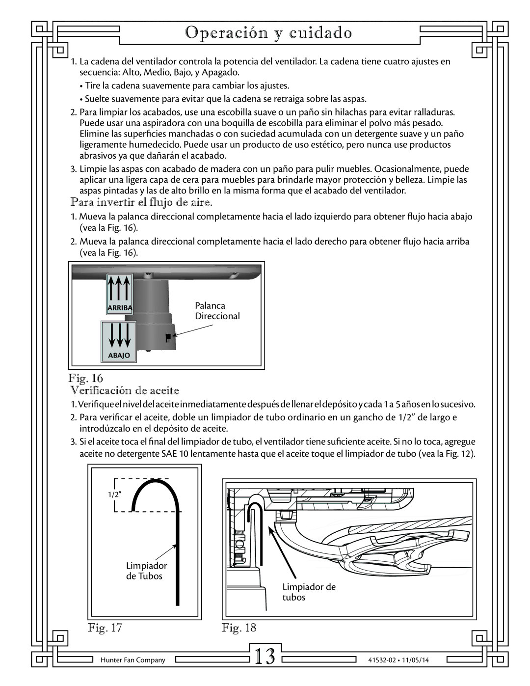 Hunter Fan 23852, 23855, 23856, 23847, 23863 manual Operación y cuidado, Para invertir el flujo de aire, Verificación de aceite 