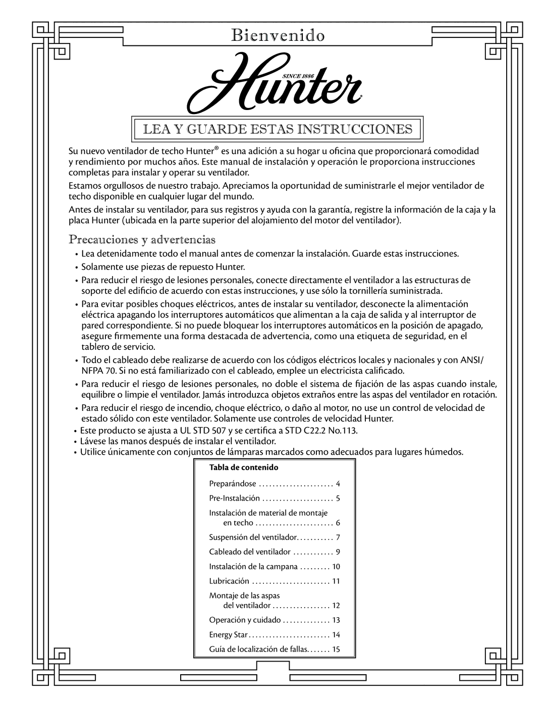 Hunter Fan 23856, 23855, 23852, 23847, 23863, 23845 manual Bienvenido, Precauciones y advertencias 