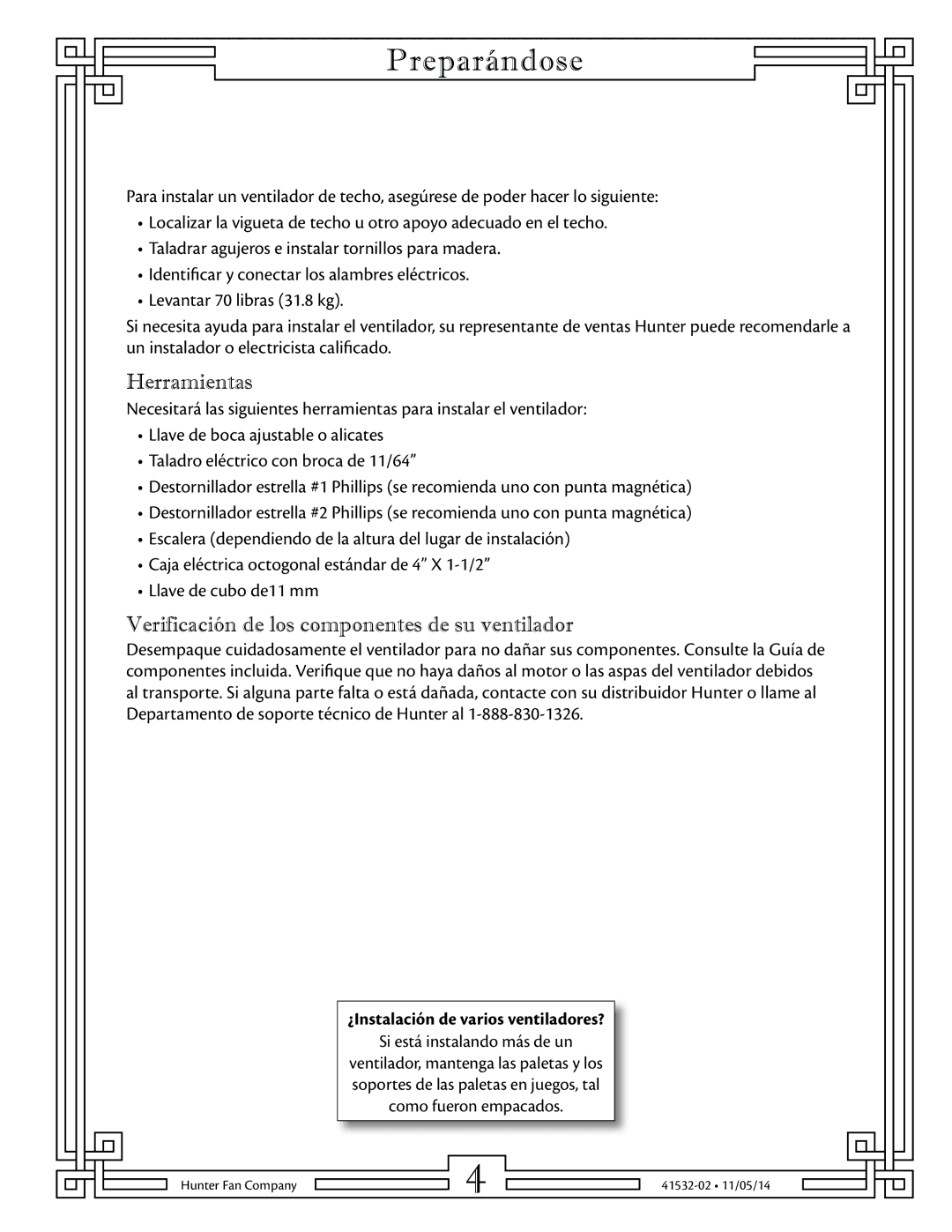 Hunter Fan 23863, 23855, 23852, 23856, 23847 Preparándose, Herramientas, Verificación de los componentes de su ventilador 