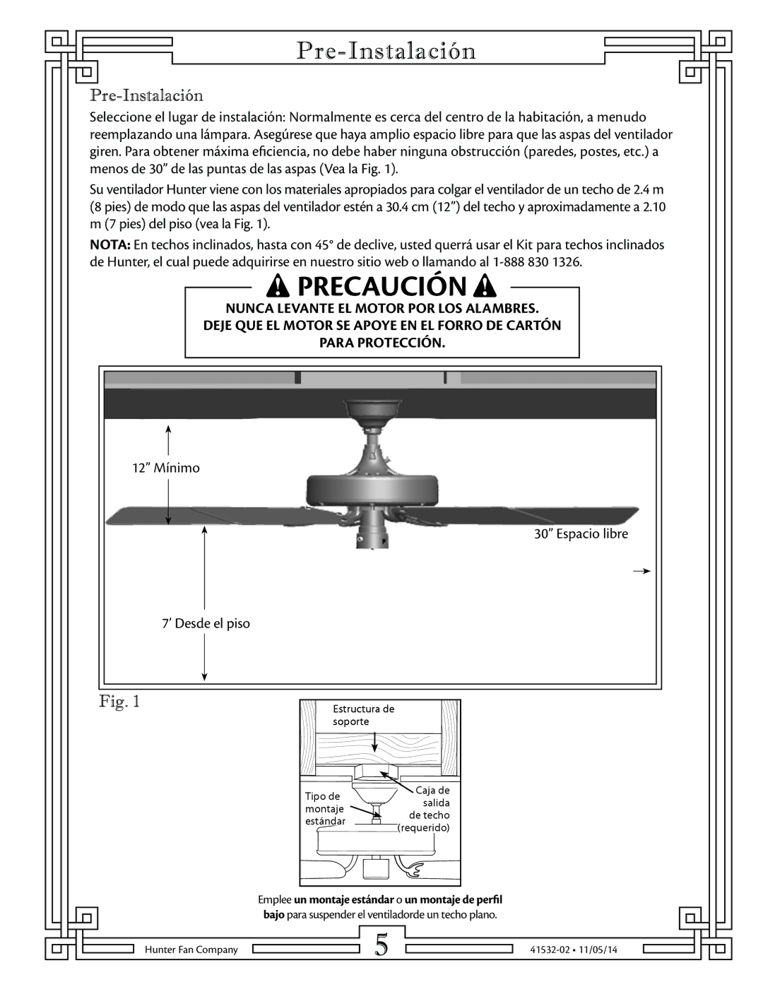 Hunter Fan 23845, 23855, 23852, 23856, 23847, 23863 manual Pre-Instalación 