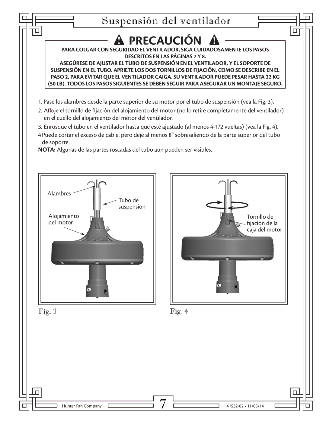 Hunter Fan 23852, 23855, 23856, 23847, 23863, 23845 manual Suspensión del ventilador 