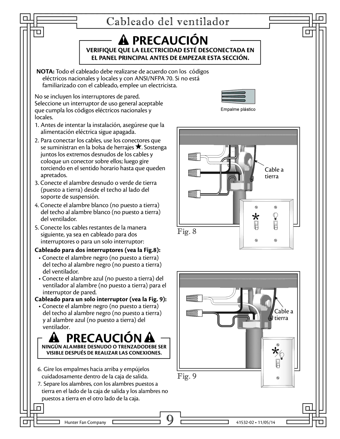 Hunter Fan 23847, 23855, 23852, 23856, 23863, 23845 manual Cableado del ventilador 