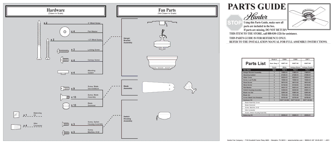 Hunter Fan 23866 installation manual Hardware, Fan Parts, Parts List, Not Drawn to Scale 