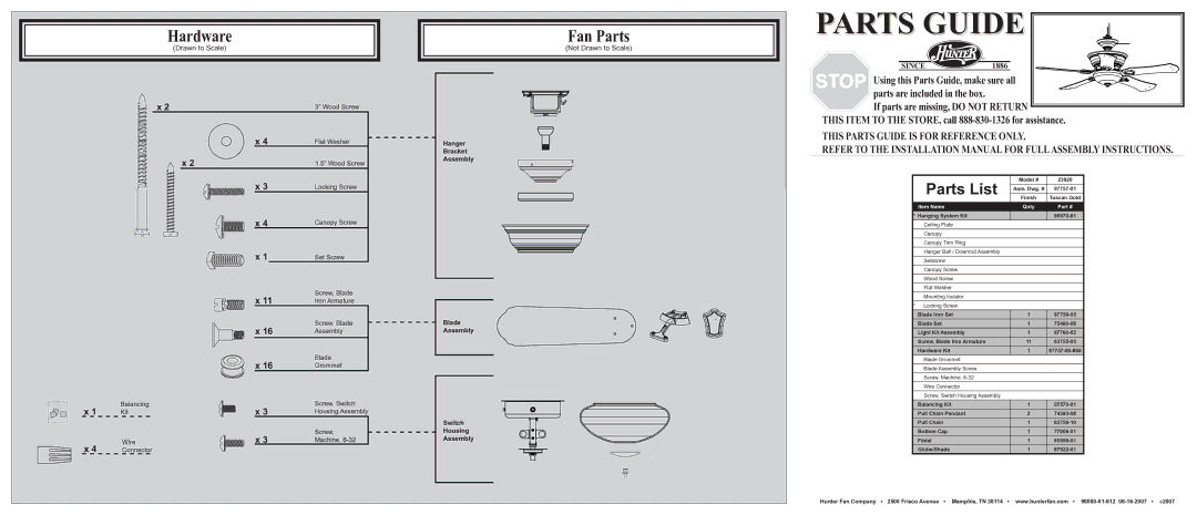 Hunter Fan 23920 installation manual Hardware, Fan Parts, Parts List, Not Drawn to Scale 