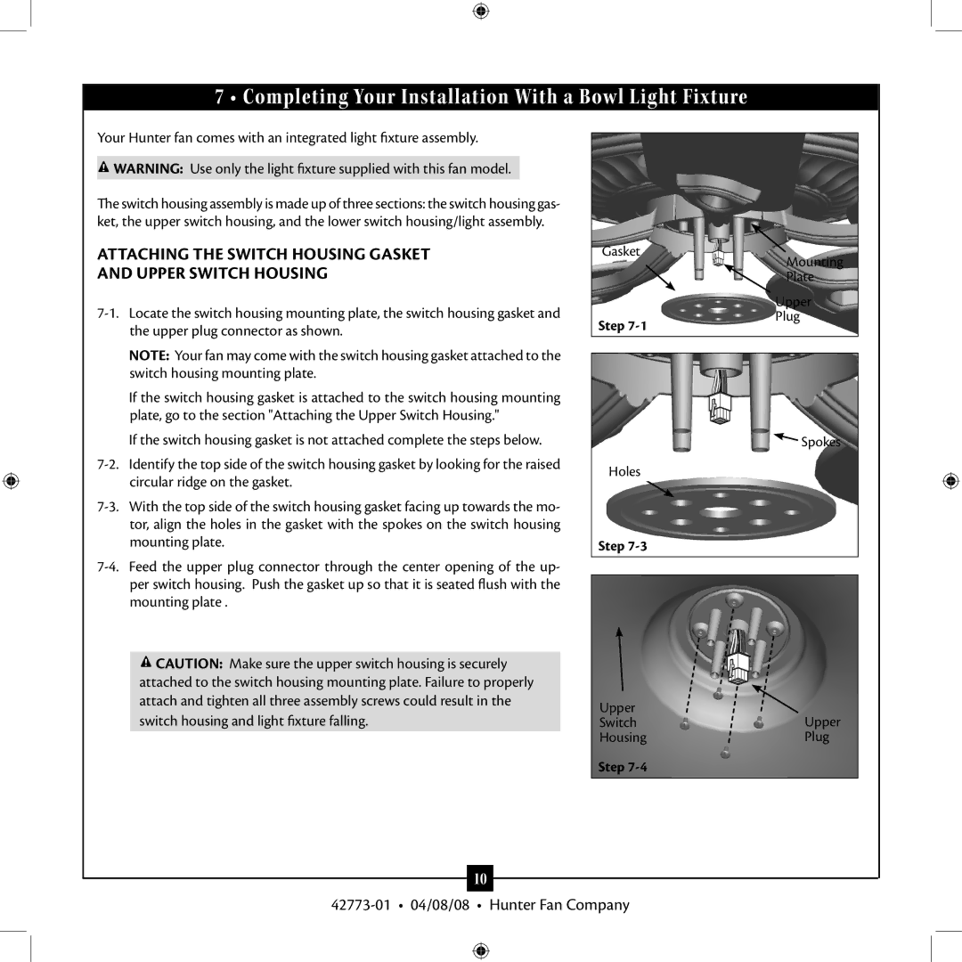 Hunter Fan 23923 installation manual Completing Your Installation With a Bowl Light Fixture 