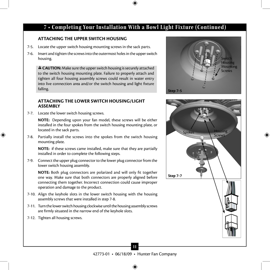 Hunter Fan 23923 installation manual Attaching the Upper Switch Housing 