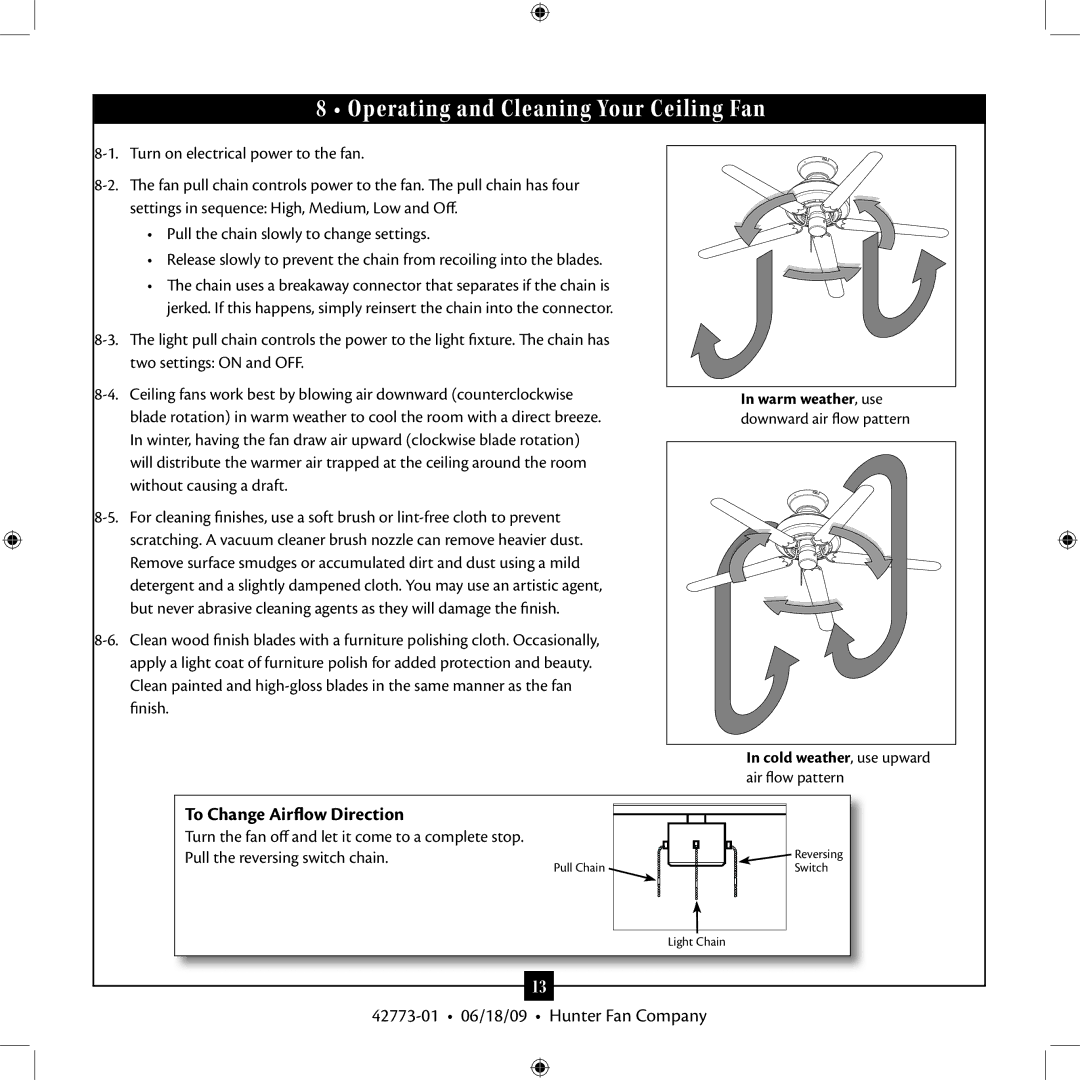 Hunter Fan 23923 installation manual Operating and Cleaning Your Ceiling Fan, To Change Airflow Direction 