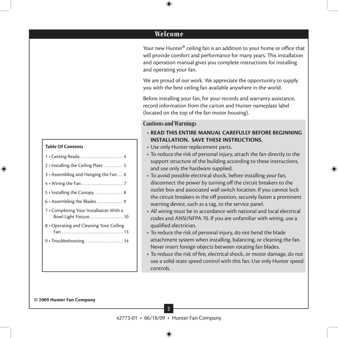 Hunter Fan 23923 installation manual Welcome 