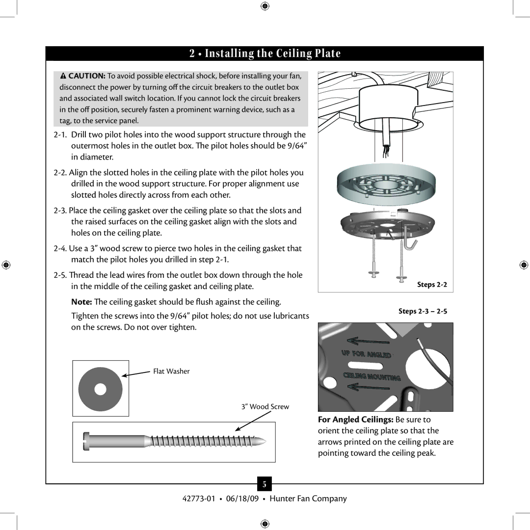 Hunter Fan 23923 installation manual Installing the Ceiling Plate 