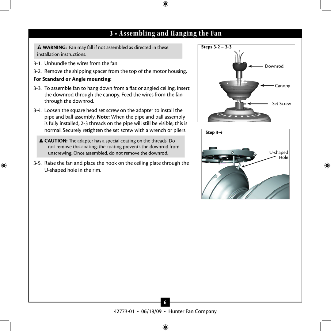 Hunter Fan 23923 installation manual For Standard or Angle mounting 