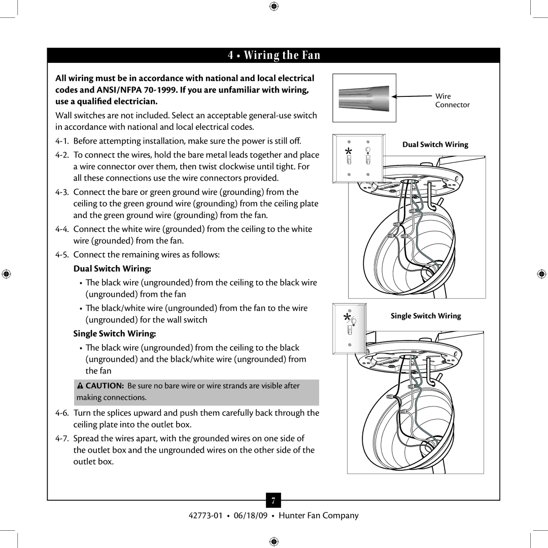 Hunter Fan 23923 installation manual Wiring the Fan, Dual Switch Wiring, Single Switch Wiring 