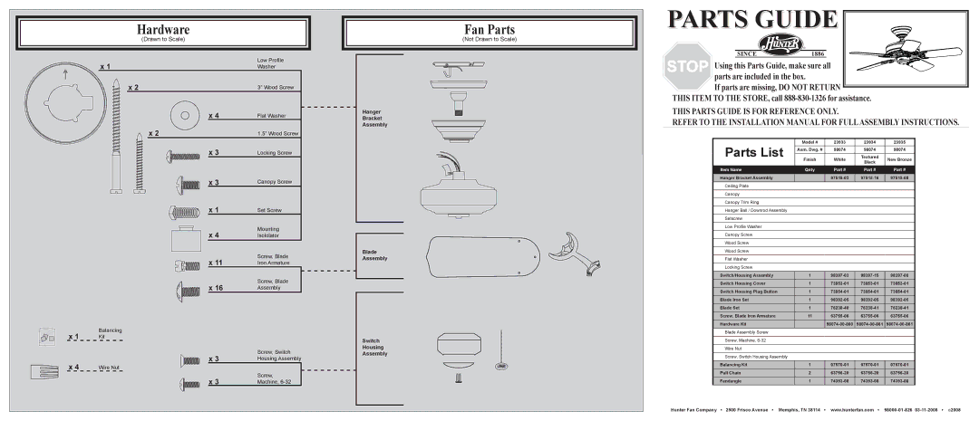 Hunter Fan 23933 installation manual Hardware, Fan Parts, Parts List, Not Drawn to Scale 