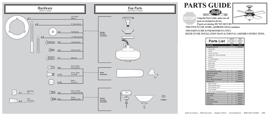 Hunter Fan 23943 installation manual Hardware, Fan Parts, Parts List, Not Drawn to Scale 