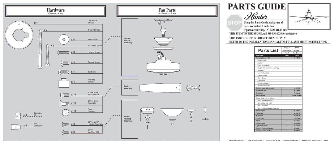 Hunter Fan 23963 installation manual Hardware, Fan Parts, Parts List, Not Drawn to Scale 