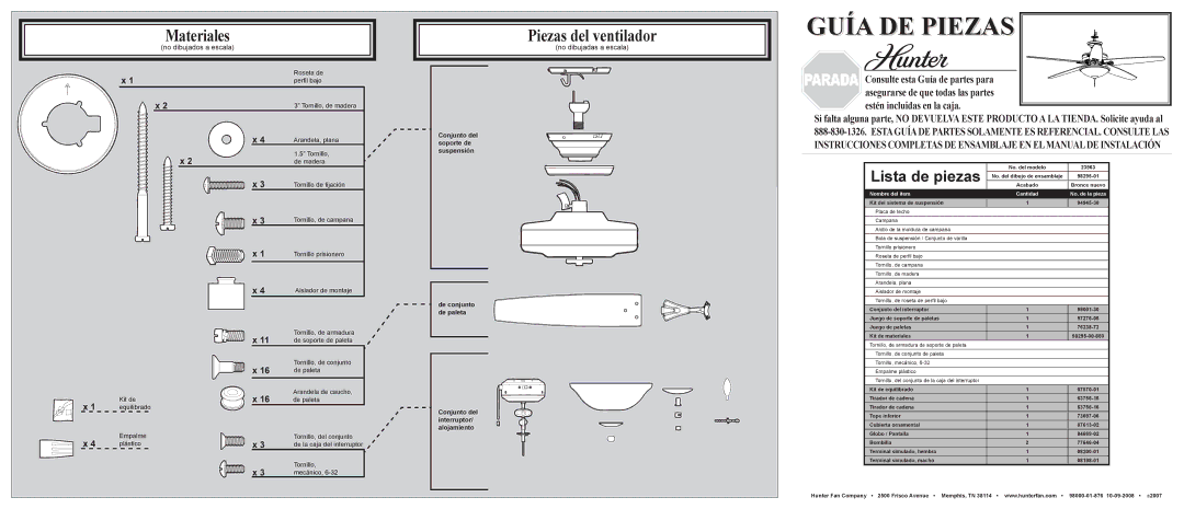 Hunter Fan 23963 installation manual Piezas del ventilador, Lista de piezas, No dibujados a escala, No dibujadas a escala 