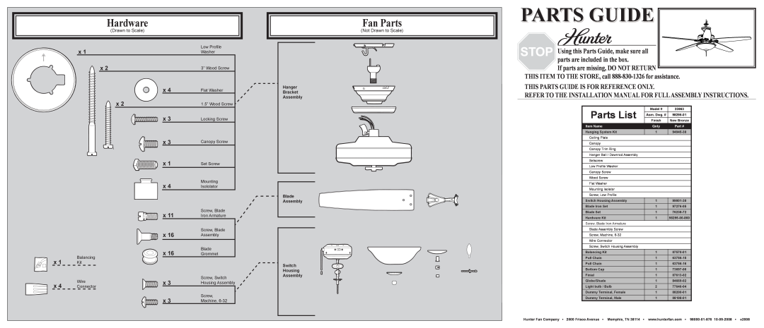 Hunter Fan 23963 installation manual Hardware, Fan Parts, Parts List, This Parts Guide Is For Reference Only 