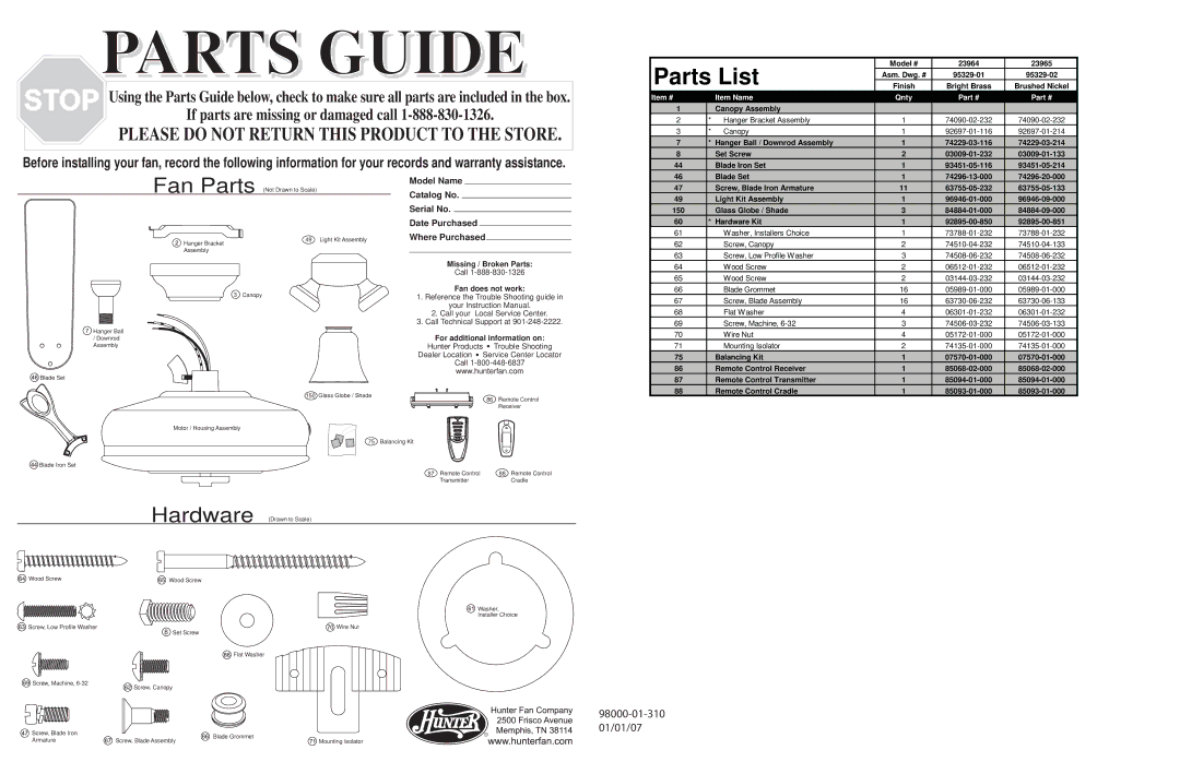 Hunter Fan 23965, 23964 warranty Parts List, Item # Item Name Qnty, Missing / Broken Parts, Fan does not work 