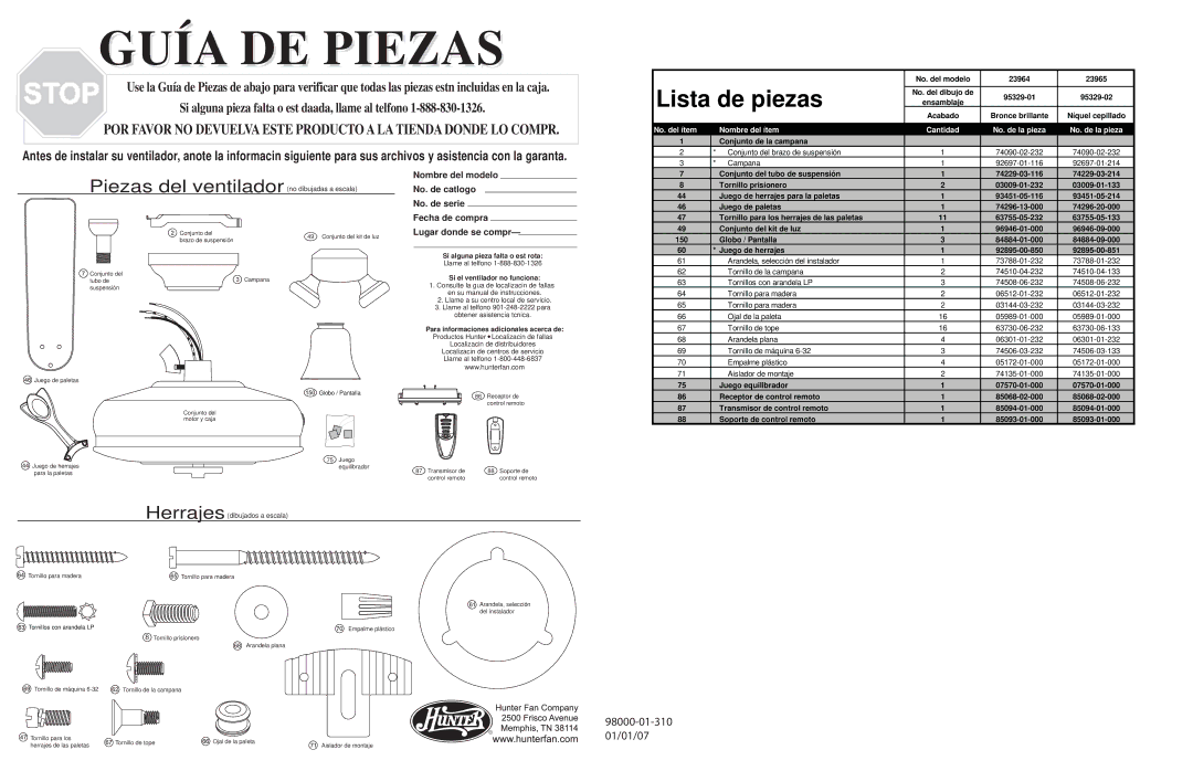 Hunter Fan 23964, 23965 Lista de piezas, No. del ítem Nombre del ítem Cantidad No. de la pieza, Conjunto de la campana 