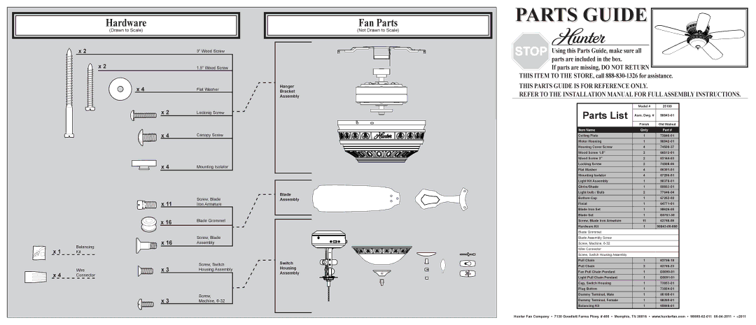 Hunter Fan 25109 installation manual Hardware, Fan Parts, Parts List, Not Drawn to Scale 