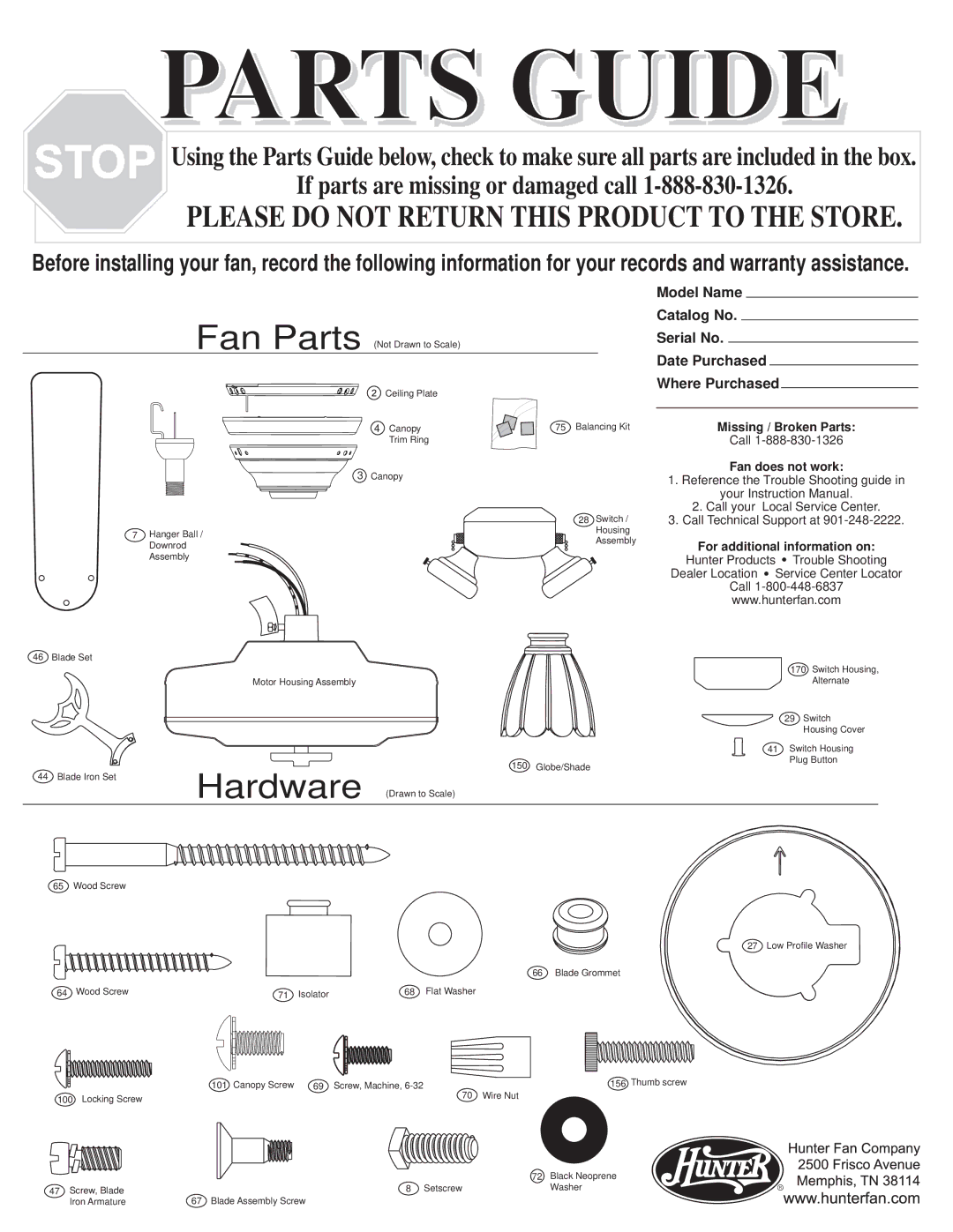 Hunter Fan 25587, 25583, 25578, 25579, 25582 warranty Parts Guide 