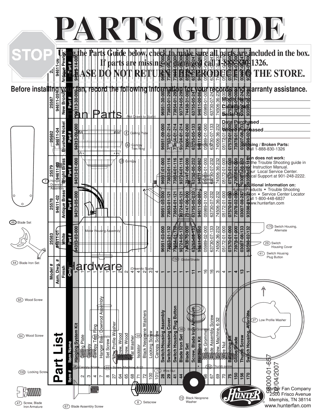 Hunter Fan 25578, 25583, 25587, 25579, 25582 warranty Part List 