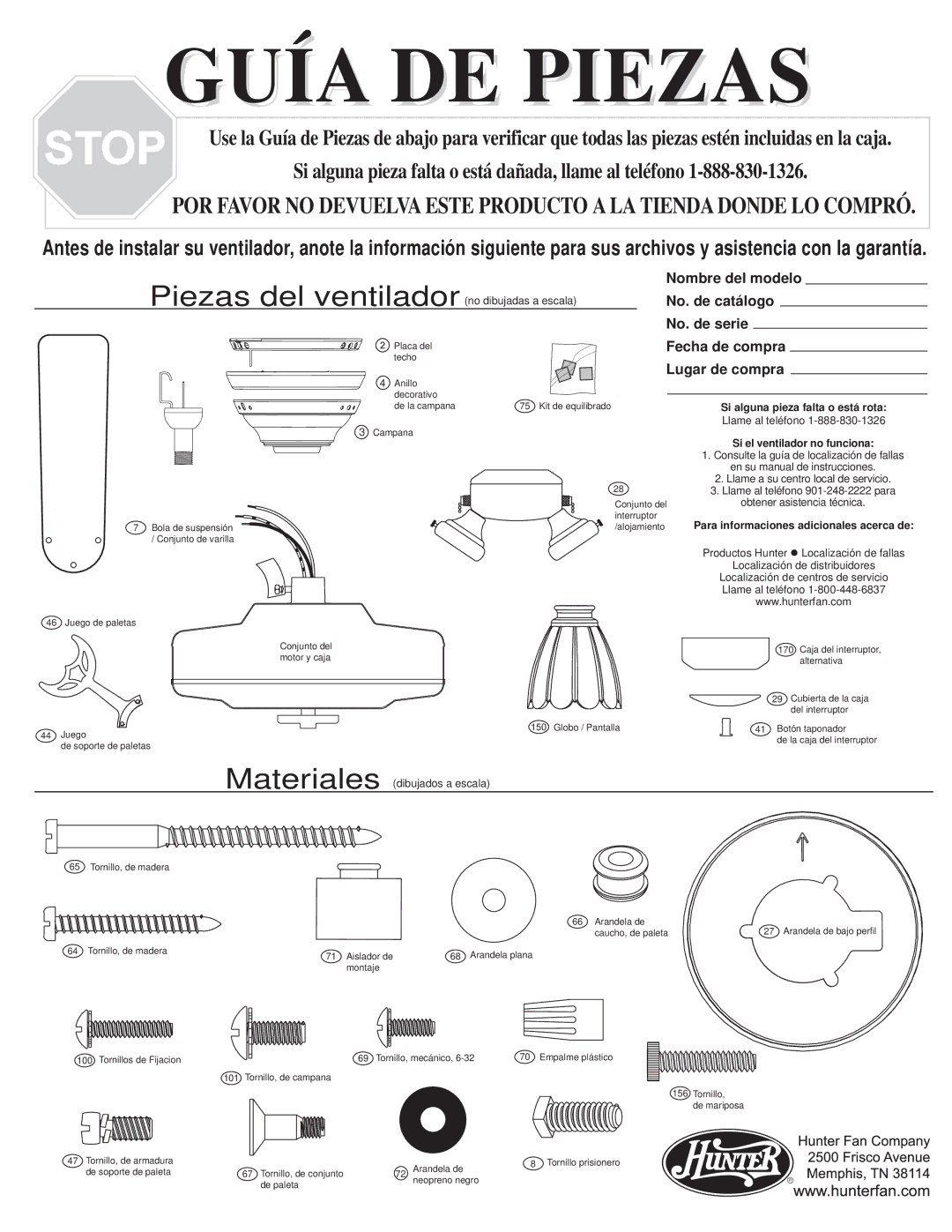 Hunter Fan 25579, 25583, 25587, 25578, 25582 warranty Guía DE Piezas 