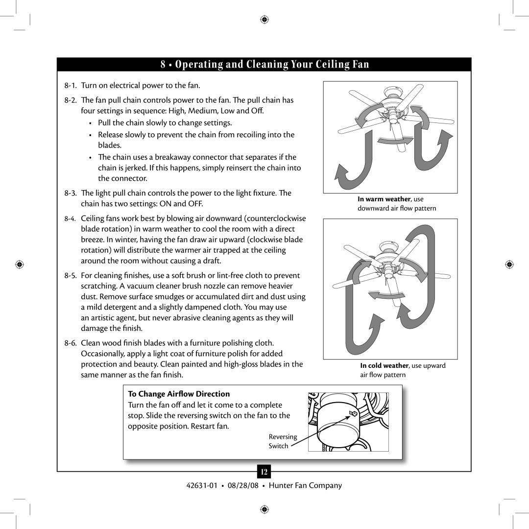 Hunter Fan 25602, 25601, 18865 installation manual Operating and Cleaning Your Ceiling Fan, To Change Airflow Direction 