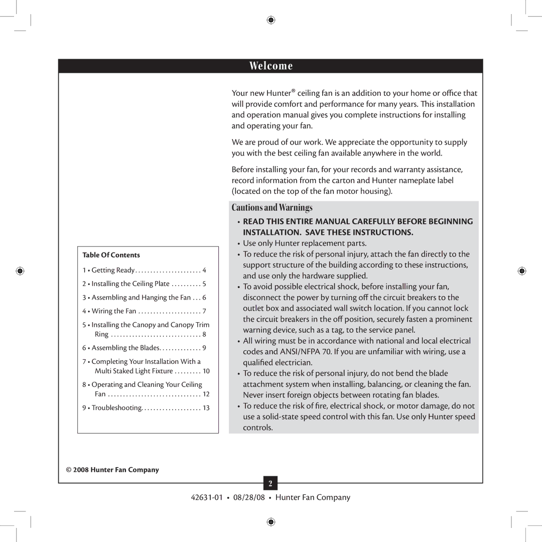 Hunter Fan 18865, 25602, 25601 installation manual Welcome 