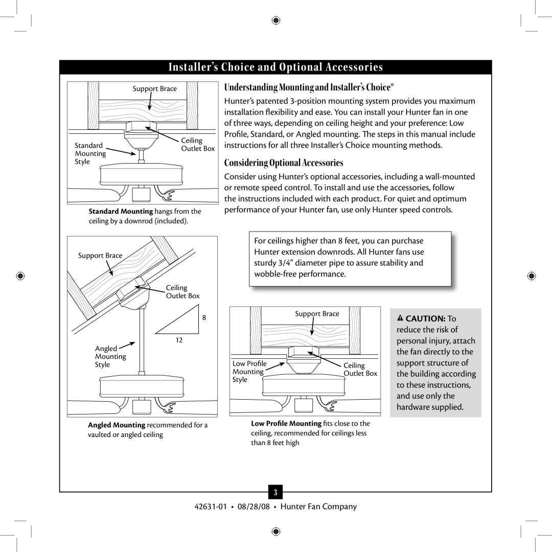 Hunter Fan 25602, 25601, 18865 installation manual Installer’s Choice and Optional Accessories 