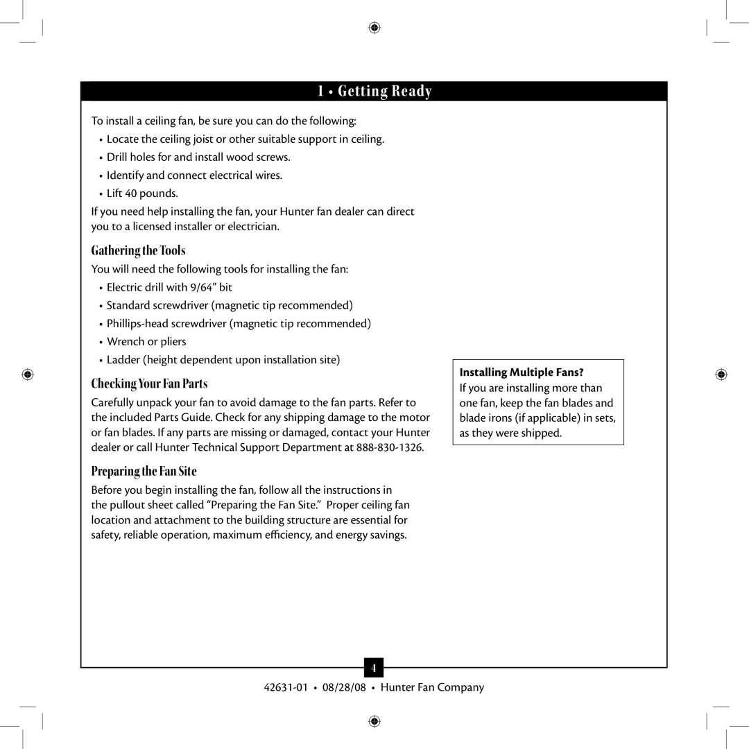 Hunter Fan 25601, 25602, 18865 installation manual Getting Ready, Installing Multiple Fans? 