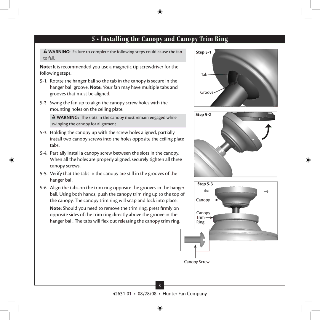 Hunter Fan 18865, 25602, 25601 installation manual Installing the Canopy and Canopy Trim Ring 