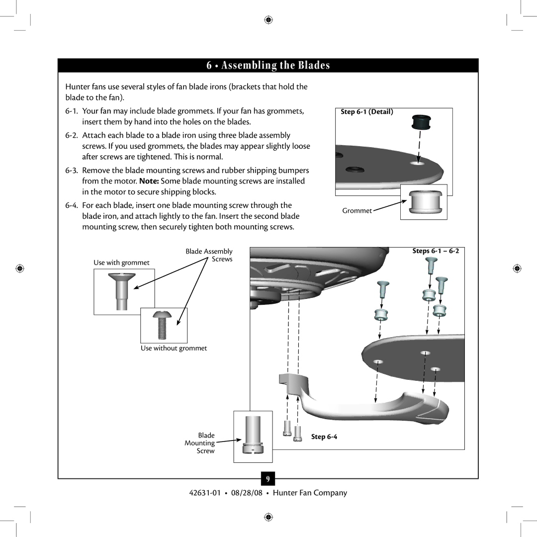 Hunter Fan 25602, 25601, 18865 installation manual Assembling the Blades 