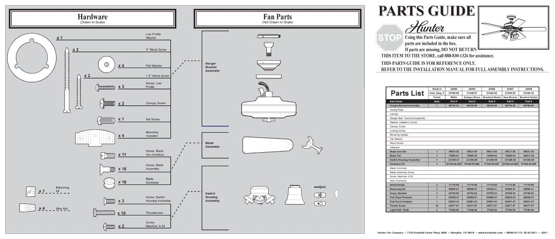 Hunter Fan 26405 installation manual Hardware, Fan Parts, Not Drawn to Scale 