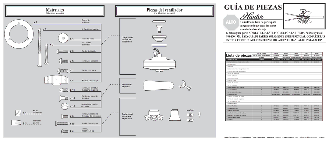 Hunter Fan 26405 installation manual Materiales, Piezas del ventilador, Dibujados a escala, No dibujadas a escala 