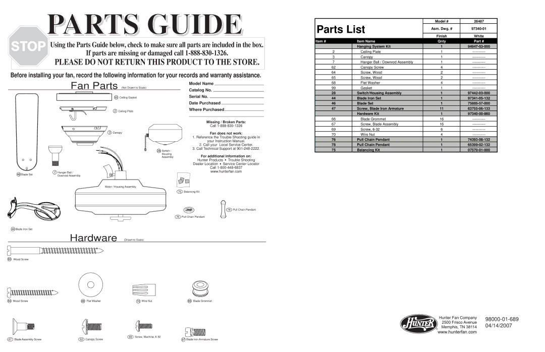 Hunter Fan 26487 warranty Parts List, Item # Item Name Qnty 