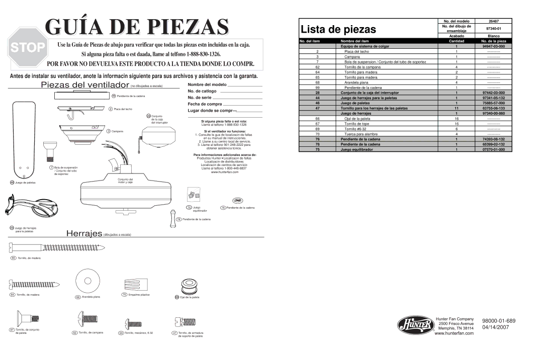 Hunter Fan 26487 warranty Lista de piezas, No. del ítem Nombre del ítem Cantidad No. de la pieza 