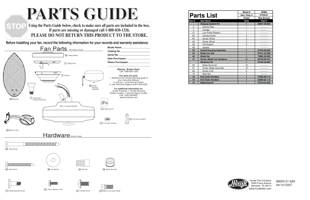 Hunter Fan 26489 warranty Parts List, Item # Item Name Qnty 