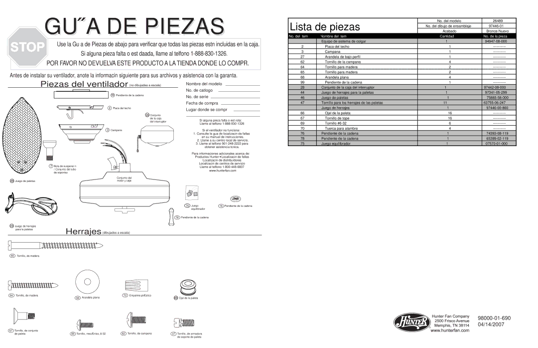 Hunter Fan 26489 warranty Lista de piezas, No. del ítem Nombre del ítem Cantidad No. de la pieza 