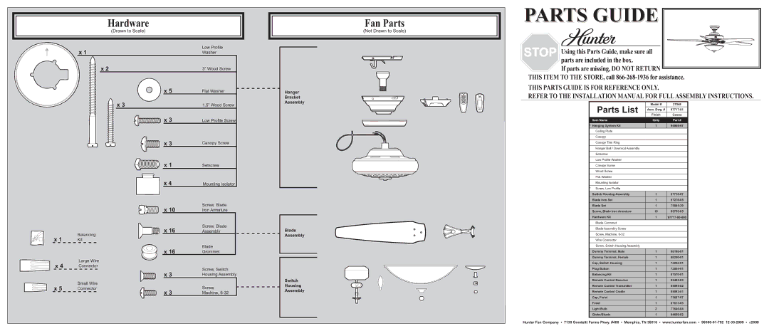 Hunter Fan 27048 installation manual Hardware, Fan Parts, Not Drawn to Scale 