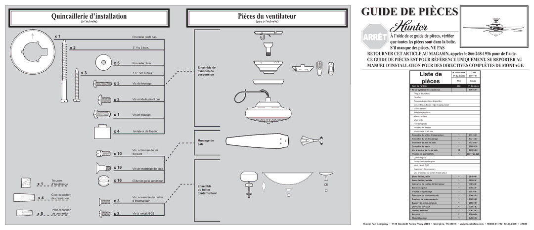 Hunter Fan 27048 installation manual Quincaillerie d’installation, Pièces du ventilateur, Pas à l’échelle 