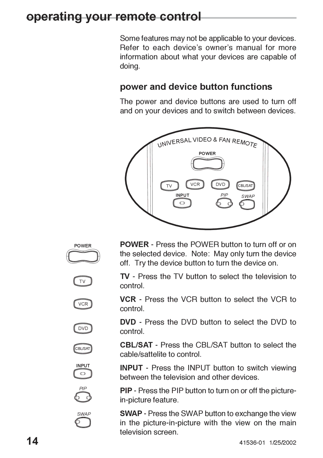 Hunter Fan 27177, 41536-01 owner manual Operating your remote control, Power and device button functions 